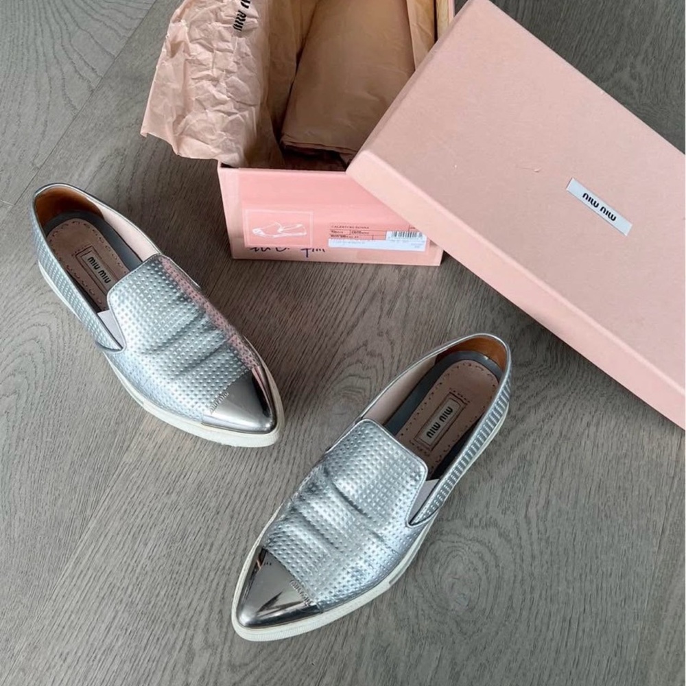 Authentic Pre-owned Miu Miu Metallic Silver Loafers